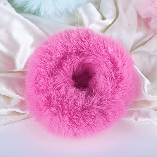 2 Pcs Hot Pink Pom Pom Hair Tie Fuzzy Scrunchies Furry Hair Bands With Faux Rabbit Fur Fluffy Elastic Hair Bobbles Ponytail Holders Girls Women Hair Accessories #TOP2