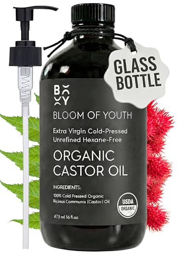 Bloom of Youth Aceite de ricino orgánico puro prensado en frío, botella de vidrio de 473 ml, sin hexano, sin refinar, certificado Usda, para el crecimiento del cabello, cuidado