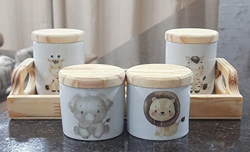 Kit higiene bebê Safari 5 peças - Bandeja E potes - Peças Porcelana Bandeja e Tampas Pinus