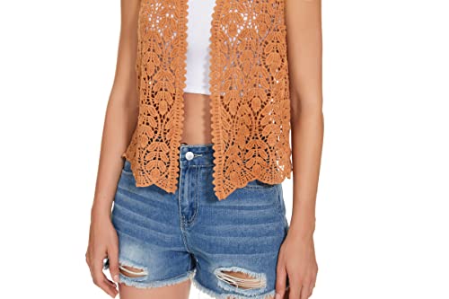 Image of Womens Floral Crochet Lace Trim Sleeveless Open Front Vest Cardigan
