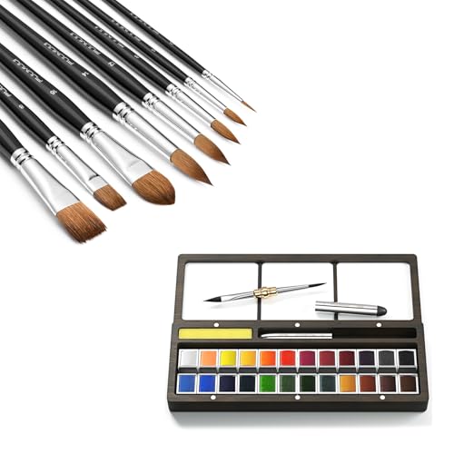 Watercolor Brushes - 24 Watercolor Paints with Dual Tip Travel Brushes Wooden Palette, Art Supplies for Painting