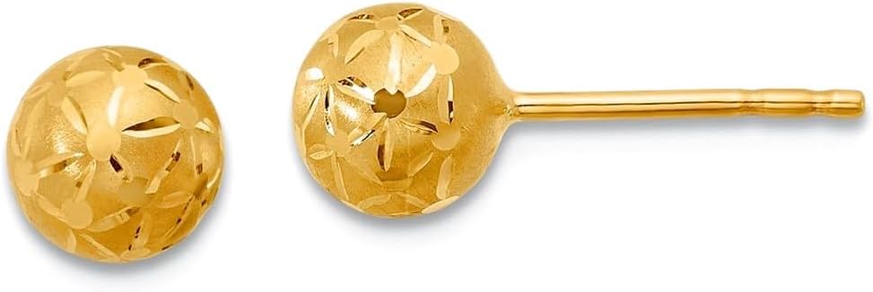 6mm 14k Solid Yellow Gold Polished Satin and Sparkle-Cut Ball Post Earrings 6x6mm Wide Ball Earring for Women
