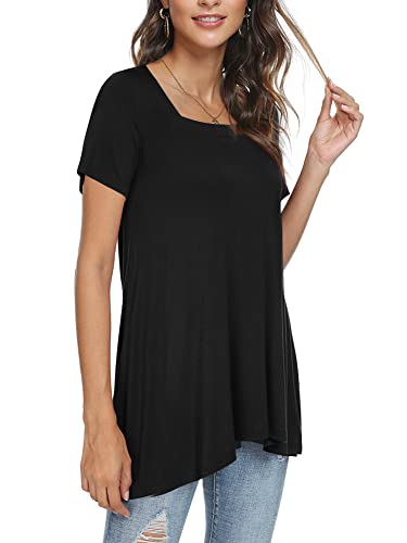 POPYOUNG Women's Long Tunic Tops to Wear with Leggings Summer Short Sleeve Loose Fit Dressy Square Neck Shirts M-5XL3