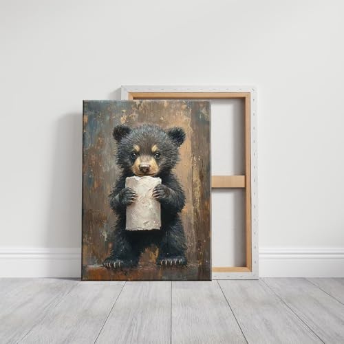 VVL Funny Bathroom Bear Wall Art Black Bear With Paper Canvas Painting Picture Humor Animal Wall Decor for Kids Restroom Bathroom Home Decoration