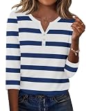 Zeagoo Tshirt Mujer Cuello V Elegant Verano Camisas Mangas 3/4 Casual Shirt Básica Top Suelta a Rayas Cómoda Camiseta con Botones Rayas Azul Marino M