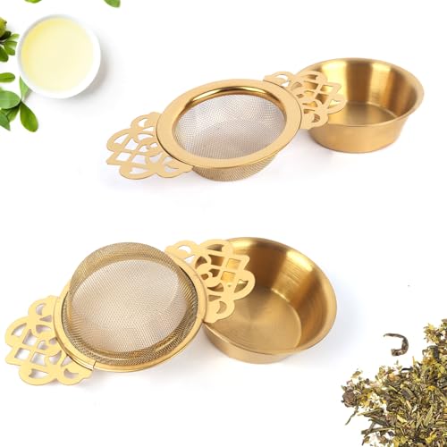 Guerity 2pcs Tea Strainer for Loose Teas, Gold Fine Mesh Tea Strainers with Drip Bowls, Loose Leaf Teas Filter Infuser with Handle (2PCS, Gold)