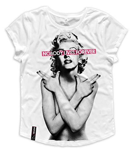 Pistol Boutique Camiseta de manga enrollada con cuello redondo para mujer, diseño de Marilyn Monroe