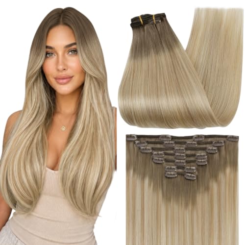 Image of Full Shine Human Hair Clip in Extensions, Light Brown to Blonde, 20 Inch