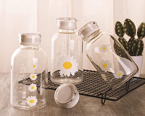 Whjy 16Oz Cute Water Bottle, Matte Glass Water Bottle With Straw, Milk Juice Glass Water Bottle With Scale, With 2 Lids, Little Daisy Sunflower Matte Portable Water Cup - Clear 6 Sunflowers #TOP5