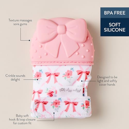 Image of Itzy Ritzy Silicone Teething Mitt - Soothing Infant Teething Mitten with Adjustable Strap, Crinkle Sound & Textured Silicone to Soothe Sore & Swollen Gums - for Ages 3 Months & Up (Bow)