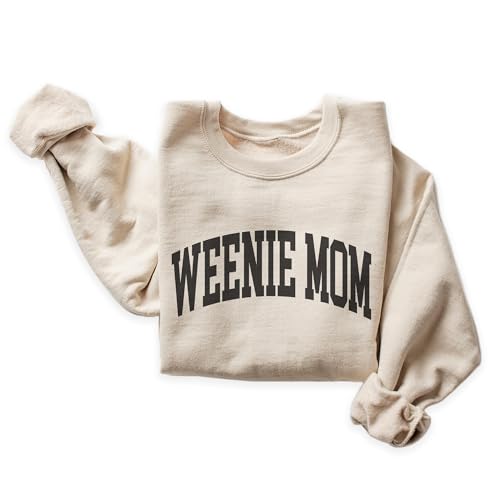 Weenie Mom Varsity Sweatshirt, Cute Dachshund Pet Parent Sweater, Doxie-Dog-Mom Gift, Dog Lover Shirt, Unisex Womens Crewneck Sweatshirt Sand