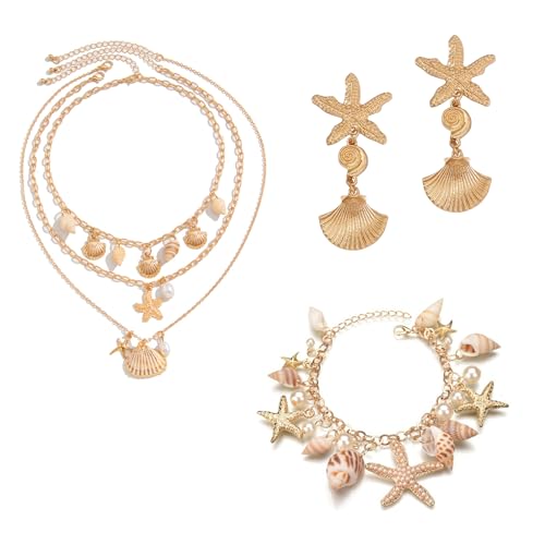 JDRGJTH 3PCS Mermaid Accessories Women Seashell Starfish Jewelry Set,Charm Shell Necklace Starfish Dangle Earrings Bracelets for Women,Gold Boho Summer Beach Jewelry Set for Holiday Vacation