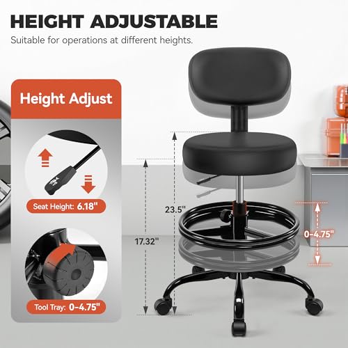 Image of BestGlory Shop Stool with Wheels for Garage, Mechanics Rolling Chair with Backrest, Adjustable Height Heavy Duty Garage Stool with Footrest and Storage Tray, Swivel Task Chair for Workshop Salon