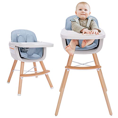 Image of 3-in-1 Wooden High Chair Made of Sleek Hardwood & Premium Leatherette, Baby High Chair with Adjustable Legs & Dishwasher Safe Tray, Ideal for Small Apartment，Airy Blue