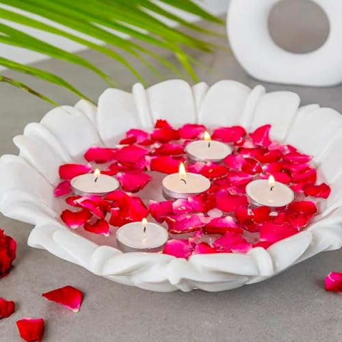 Image of Marble Urli Bowl for Decoration | Big Potpourri Decorative Bowls in Home decor | Large White Floating Flower Plates of Stone | Small Shape puja Item | (6 inch, Lotus Crest)