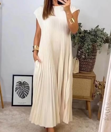 Image of SEMATOMALA Women's Pleated Short Sleeve Maxi Dress Crewneck Loose Fit Flowy Swing Long Dress with Pockets