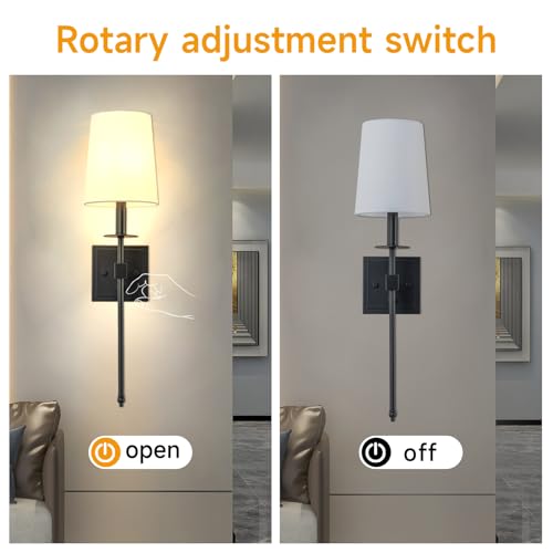 Image of Wall Sconces Sets of 2, Retro Industrial Wall Lamps, Hardwired Bathroom Vanity Sconces Wall Lighting with White Fabric Shade, Indoor Wall Lights for Bedroom Living Room Corridor Black
