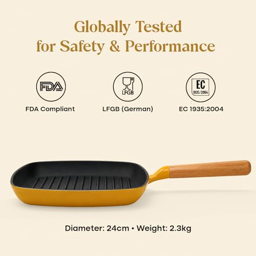 Image of CUMIN CO. Enamel Cast Iron Grill Pan | 24 cm, 1.2L | 10 Year Warranty | Non Toxic Non Stick Pan for Kebab and Tikkas | Chemical Free Coating |Gas, Induction & Grill Safe | Mustard
