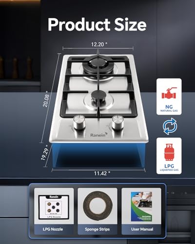 Image of Ranein 12 Inch 2 Burner Gas Cooktop, NG /LPG Convertible Gas Stove Top, 304 Stainless Steel with Thermocouple Flameout Protection for Kitchens, Apartments, RVs
