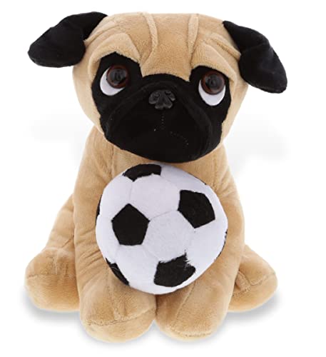 DolliBu Pug Dog Stuffed Animal with Soccer Ball Plush - Soft Plush Huggable Pug, Adorable Playtime Pug Plush Toy, Cute Pet Life Gift, Soccer Plush Doll Animal Toy for Kids and Adults - 10 Inch