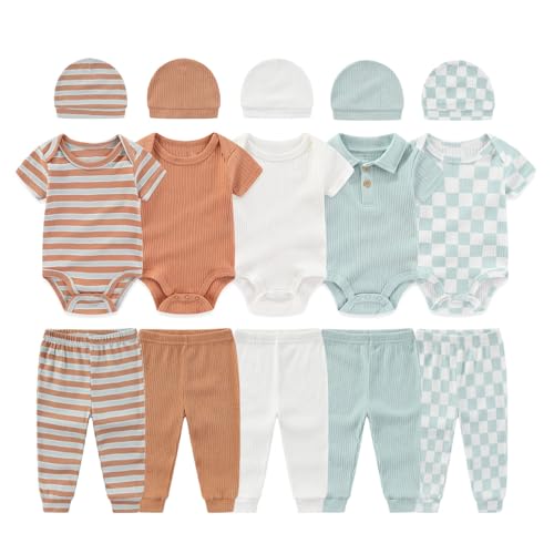 Image of BABYSOLIS 0-12 Months Unisex Baby Pants Sets New born Bodysuit and Hats 15 Pack Boy Girl Infant Comfort Outfit Clothes