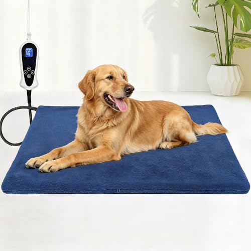 Bestio Large Dog Heating Pad 34x21 in Heated Dog Bed with Constant Heat MET&UL Certified Pet Heating Pad Chew-Resistant Cord Waterproof Washable Cover - Blue