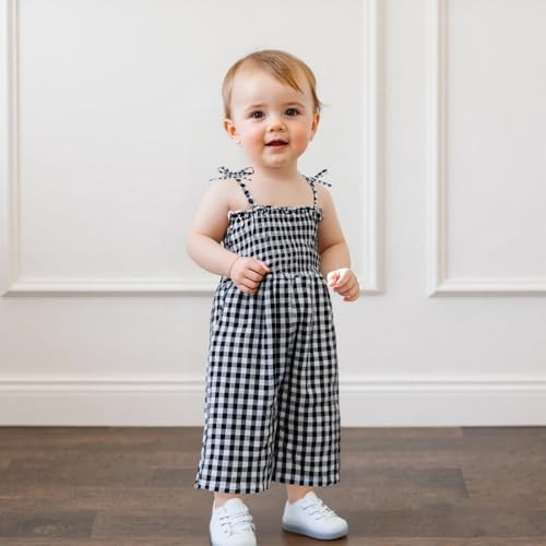 Baby Flare Jumpsuit Toddler Girl Smocked Romper Plaid Wide Leg Overalls Floral Flare Pants Sleeveless Strap Playsuit2