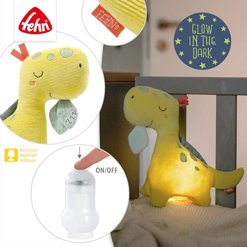 Fehn Nachtlicht Dino – Schlummerlicht & Einschlafhilfe: Kuscheltier mit „Glow-in-The-Dark“-Bestickung & Nachtlicht-Modul, für Babys & Kleinkinder ab 0+ Monaten
