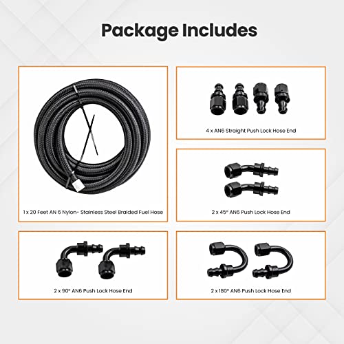 Image of maXpeedingrods 6AN Fuel Line Universal Fit Kit, 3 /8 inch Fuel Line Hose, Transmission Cooler Lines,10PCS CPE Nylon Stainless Steel Braided 6AN Push Lock Hose End 20FT