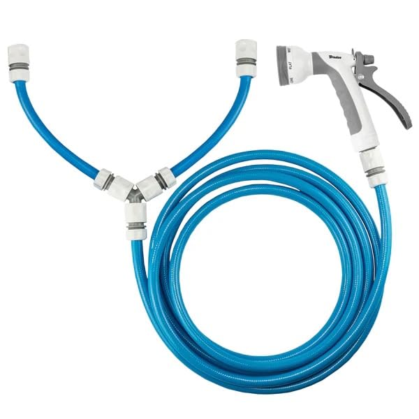 DIAH DO IT AT HOME 5m Blue Dog Shower Hose Kit with Y-Mixer for Hot & Cold Water Taps - Warm Pet Bath Sprayer with Multi-Pattern Spray Gun & Quick Connects for Indoor/Outdoor Grooming & Washing