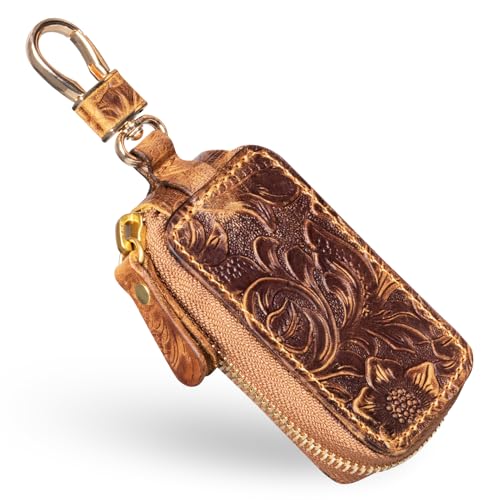 Gexmil Genuine Leather Zipper Car Key Case, Full Grain Leather, Pure Brass Hardware, Hand-made Universal Car Key Holder, Mini Coin Bag for Women Men