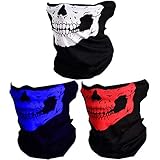 3 Pack Skull Bandanas for Men Neck Gaiters for Women Motorcycle Face Mask Sun Dust Protection Seamless Scarf Balaclava (White+Blue+Red)