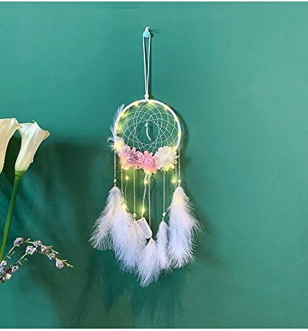 Tree Bud LED Dream Catcher with Flowers, Handmade Dreamcatcher Feather Indian Wall Hanging Decoration, Ornament for Warm Homes and Kids Room Décor