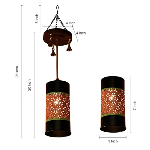 Image of AAKRITI ART CREATIONS Cylinder Glow Handcrafted Metal Pendant Lamp with Mango Wood Rosette for Living Room Ceiling | Hanging Lamp Decor | Ceiling Hanging Lights for Living Room | Fancy Lights for