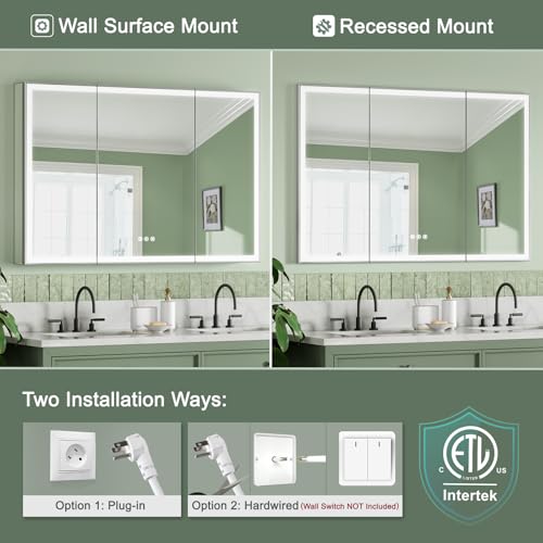 TIFULLHOME Tempered-Mirror Medicine Cabinet with Lights 48x32 Inch, Modern Edge-Lit Strip, Plug-in or Hardwired, Anti-Fog/3 Colors/Dimmable, 2 Outlets & USBs, ETL Listed, Surface Mount or Recessed by TIFULLHOME - Image 5