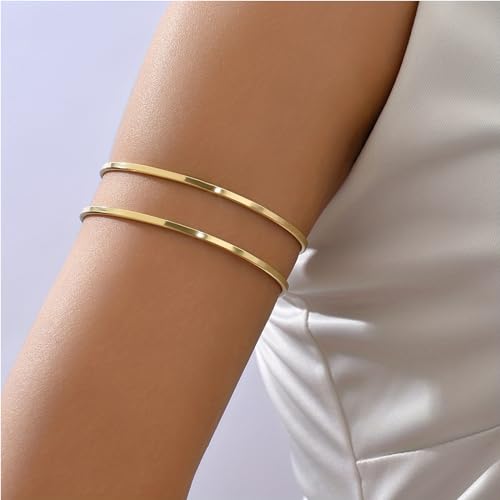 KONPJE Arm Cuff Bracelet for Women Gold Arm Cuffs Upper Arms Layered Cuff Bangle Bracelet Minimalist Armband Stackable Jewelry for Summer Beach (Regular) - Thumbnail 4