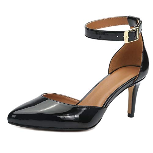 Enelauge Women's Low Kitten Heels Pumps Closed Pointed Toe D'Orsay Ankle Strap Dress Bridal Wedding Shoes