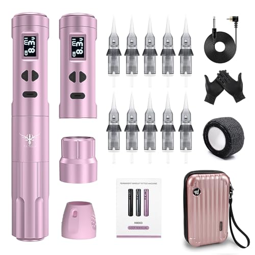 TATELF Dermografo Maquina de Inalambrica con 2 Batería de Alimentación Maquillaje Permanente Maquina de profesional 10 cartuchos agujas para principiantes (Rosa)