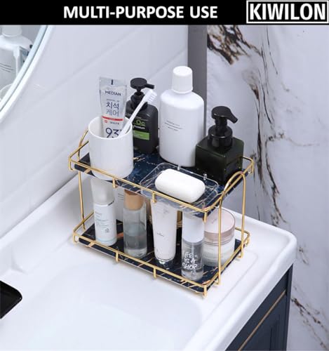 Image of Bathroom Countertop Organizer | Kitchen Organizer Rack | 2 Tier Storage Rack Shelf with Gold Frame & Black Marble Finish Trays (31 * 14 * 25cm)