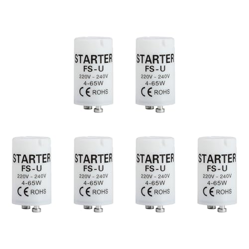 6 Stück Starter, Leuchtstoffröhren-Starter FS-U, 4-65 W, 220-240 V, Zuverlässige Zündstarter für Einzelschaltkreise von Leuchtstofflampen, Sicher Effizient für UV Streifenlampenhalter[Energieklasse G]