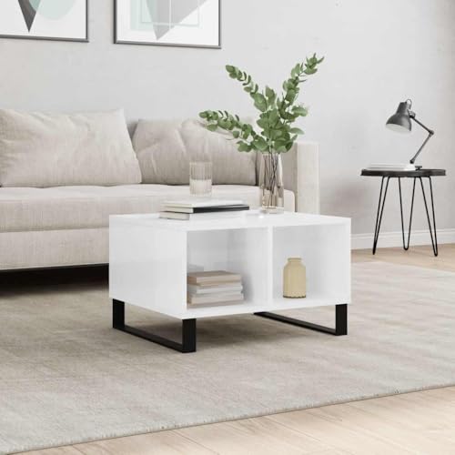 Table basse blanche brillante avec 4 compartiments pour optimiser le rangement des petits salons