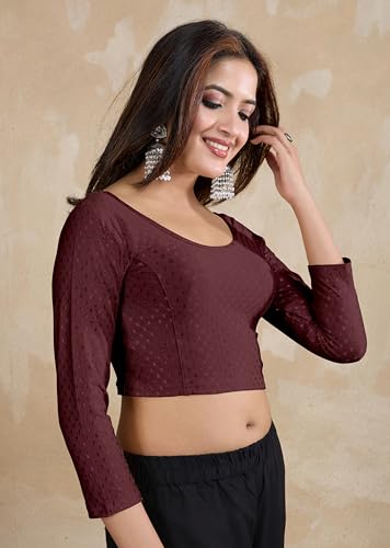 Image of TRENDMALLS Women's Dobby Pure Cotton Elastin Stretchable Readymade Round Neck Full Length Sleeves Blouse Choli Stylish Saree Blouse Ready to Wear