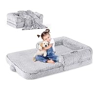 ZOMISIA Human Dog Bed for Kids, 2 in 1 Foldable XL Bed for People Fits Pet Families, Orthopedic Calming Memory Foam Dog Sofa, Faux Fur Human Size Pet Bed with Blanket, 54\"x38\"x8.5\", Grey