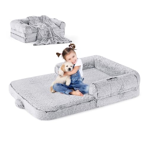 Human Dog Bed for Kids, 2 in 1 Foldable XL Bed for People Fits Pet Families, Orthopedic Calming Memory Foam Dog Sofa, Faux Fur Human Size Pet Bed with Blanket, 54"x38"x8.5", Grey