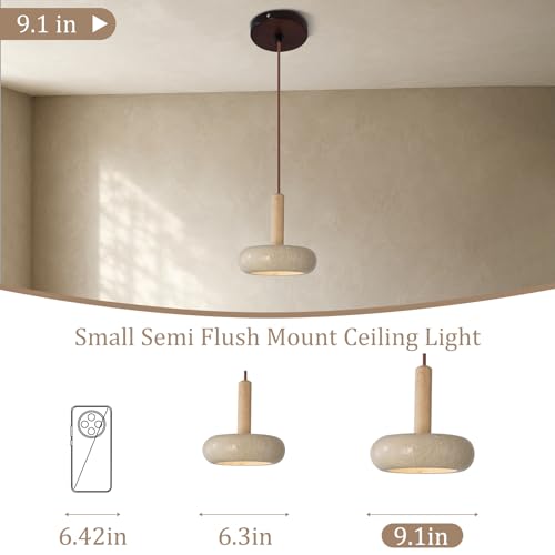 JIANTLAIUS 9.1inch 2PCS Japanese Wabi-sabi Style Travertine Pendant Lamp LED Natural Stone Shade Pendant Light Wood Bedroom Bedside Hanging Light 3000K for Living Dining Room Table by JIANTLAIUS - Used condition - Image 5