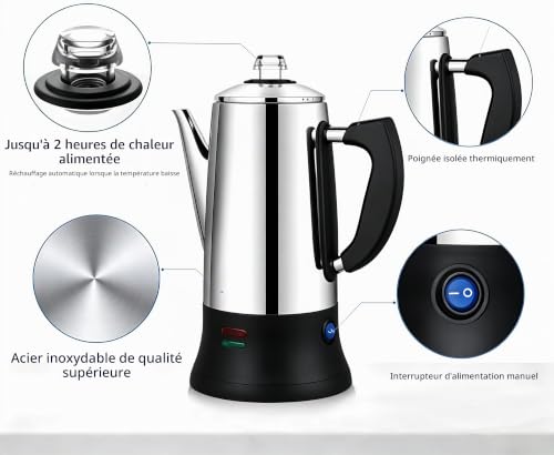 KFO Percolateur Électrique 12 Tasses 1.8L - Acier Inoxydable 304, Base 360°, Maintien Au Chaud, Couvercle Verre Antigoutte – vue 3