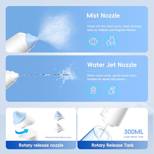 Image of Dual Powered Nasal Irrigation System Nasal Rinse & Wash | Quick Relief of Nasal Discomfort with 30 Salt Packets, 2 Sets of Nose Pillows, Rechargeable, 2-Year Service Support