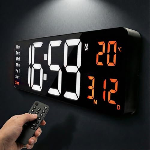 Opis Technology Klok 1 XXL - Digitale Wandklok - Retro LED Wandklok met Afstandsbediening, Timer & Wekker, Temperatuurweergave, Dimbare Weergave, Wit/Oranje
