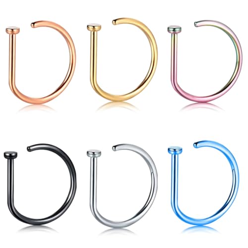 BLISI 6 PCS Titanium Fake Nose Ring Hoops Set 18G/20G D-Shaped Thin Nose Piercing Hoop Faux Nose Rings Septum Lip Tragus Cartilage Hoop Earrings for Women Men 20G 0.8×8mm 6 mix colors