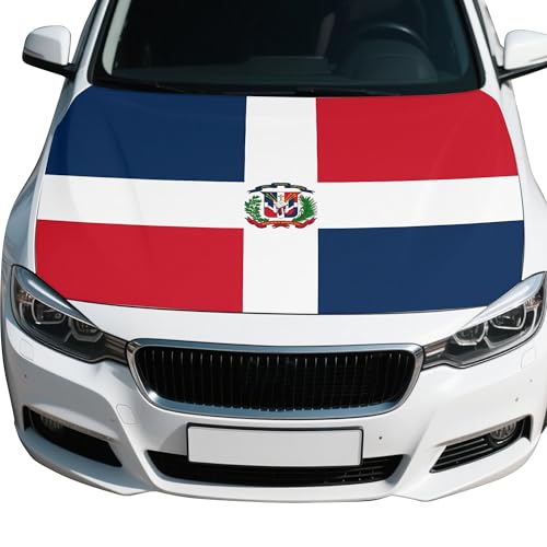 Dominican Republic Flag Car Hood Cover 4X5 Ft Polyester Spandex Elastic Fabrics, Universal Fit for Car, SUV, or Van